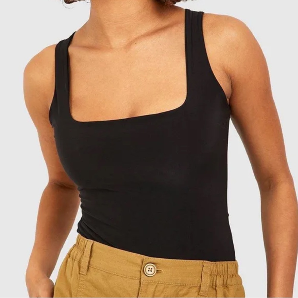 Boohoo Tall Square Neck Double Layer Black Bodysuit US 8